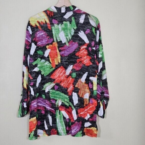 Ali Miles Tunic Womens XL Multicolor Floral LS Roll Up Tab Boho Crinkle Buttons - Picture 2 of 16